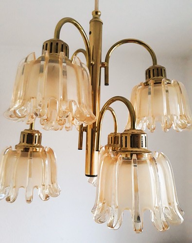 70s glass brass chandelier - glass,