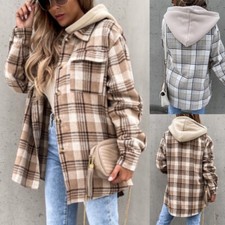 Plaid Jacke Frauen Mantel Mit Casual Fleece Kapuze Φ Shacket Shirt W *?