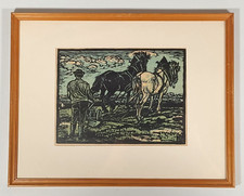 Holzschnitt Dachau Richard Huber Dachauer Bauer Pflug Landwirt Pferd