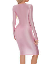 DE iEFiEL Damen Wetlook Glossy Langarm Kleid Kurz Bodycon Minikleid Clubwear