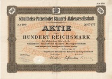  Aktie Schultheiss-Patzenhofer Brauerei AG Berlin 1932 über 100 Reichsmark