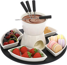 Keramik Schokofondue Set mit Holzplatte 4 Gabeln 4 Teller Käse Fondue Set