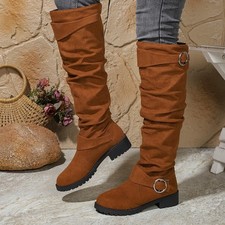 Damen Western Cowboy Kniehohe Stiefel Schnalle Falten Weitschaft Zum Überziehen