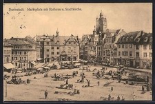 Darmstadt, Ansichtskarte, Marktplatz mit Rathaus und Stadtkirche 1913 