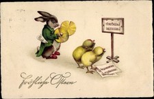 Präge Ak Glückwunsch Ostern, Osterhase mit Becken, singende Küken... - 10543133