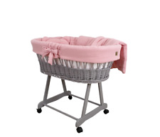 Stubenwagen Moseskorb AMELIA Grau aus Weide mit Musselin Bettwäsche Rosa