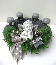 Adventskranz "Engel" Tischdeko Weihnachten Gesteck Wollkranz grau Kerzen 26cm