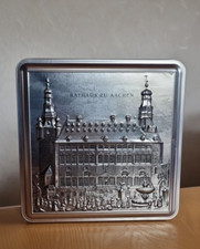 Blech Dose Rathaus Aachen Relief Pralinen Trumpf Silber rechteckig 1960er