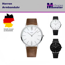 Armbanduhr Ultradünn Leder Herren + Damen dünn leicht braun schwarz Quarzuhr Neu