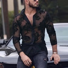 Herrenhemd durchsichtig Spitze Design Langarm V-Ausschnitt Vintage Partykleidung