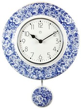 Pendeluhr Küchenuhr blaue Blumen Wanduhr Quarz-Uhr Wohnraumuhr Keramik-Uhr weiß 