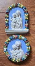 Vintage 2 Majolika Keramik Wandrelief Madonna mit Kind Terra Di Siena Italien