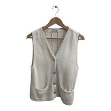 Esprit Weste Damen Gr XL Weiß Strick Baumwolle Ärmellos Knöpfe Vintage Sommer