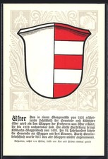 AK Uster, Wappen auf Wasserpflanzen-Ornamenten, Seerosen, Webschiffchen, Info-T 