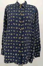 Hermann Lange Collection Damen Bluse Gr.44 Blau Ocker Seide Vintage 80er 90er