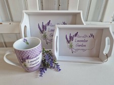 Dekotablett 2 er Set Landhaus Lavendel Schrift Weiß Holz