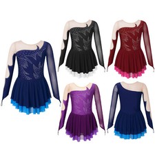Mädchen Glitzer Eiskunstlauf Kleid Tanzkleid mit Strass Kinder Ballett Turnkleid