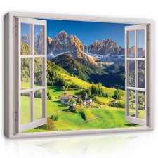 Leinwandbild Bilder Fensterblick Berge Grün Wandbild Bild Wohnzimmer Groß Modern