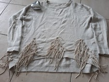 Pullover langarm Damen, Grobstrick, Leder Fransen, hell beige, Gr. 42