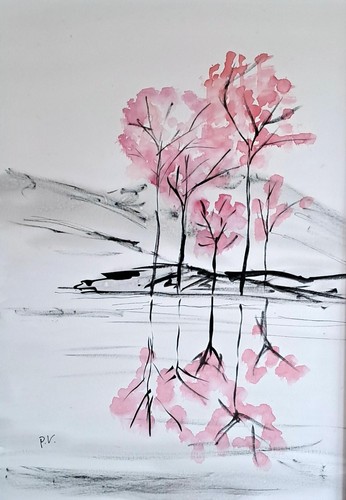 Sumi gemälde bäume am - sumi-e,
