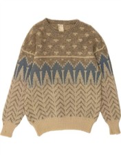 ALAFOSS Herren Rundhals Pullover Sweater Large Beige Fair Isle Schurwolle CO14