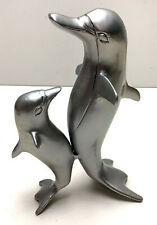 Delfin Paar Statue Mutter Kind Messing silberfarbig Figur Deko Geschenk