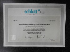 SCHLOTT AG FREUDENSTADT 1997 500 DM AKTIE + KUPONBOGEN  HIST. WERTPAPIER 