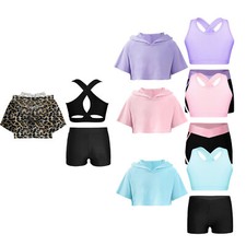 Kinder Mädchen Kapuze Uniform Crop Top Athletisch Weste Tops Shorts Yoga Bühne
