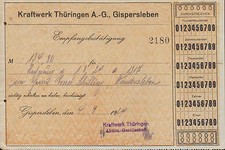 GISPERSLEBEN, Empfangsbestätigung Quittung 1929, Kraftwerk Thüringen AG 