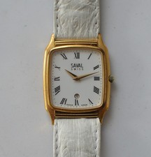 SAVAL Swiss Quartz Herren Uhr 29mm Gold Plated Tonneau läuft mit Lederband