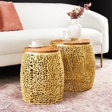 2er Set Filigraner Design Couchtisch ABSTRACT LEAF gold Akazienholz Tischset