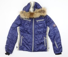 Emmegi gefütterte Damen-Daunenjacke blau Fellbesatz Kapuze UK 14