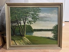 Gerahmtes Ölbild – signiert, Landschaft mit Fluss und Bäumen, 55 × 46 cm