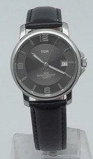 TCM Herrenuhr,Edelstahl,Datumsanzeige,Leuchtzeiger,Lederband,die Uhr läuft