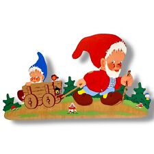 1970er Märchen-Holzbild von Grossmann: Seltene süße Bollerwagen-Zwerge 27x15cm