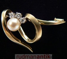 BROSCHE GOLD 585 mit grosser PERLE und 3 BRILLANTEN - punziert und signiert