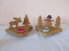 Weihnachten, 2er Set Teelichthalter, Holz Tannen mit Schneemann, Elch & Teelicht