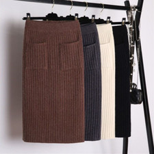 Damen Midi Gestrickt Bleistiftrock Hoch Gummibund Rücken Schlitz Halb Kleid