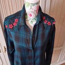 Gr L 40/42 Bluse Kariert Western Look Country Grün Schwarz Mit Pailletten Blumen