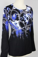 Damen Pullover Pulli Oberteil blaue Blumen Kettenmuster Viskose OVANTI Gr.40(36)