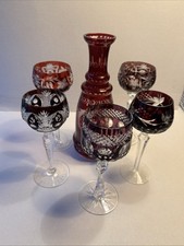 Edles Kristallglas Set – rubinrot geschliffen –5 Gläser + Karaffe – Bohemia Stil
