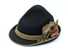 WEGENER Vintage Tiroler Hut Gr 56 Schwarz Wollfilz Gamsbart Federschmuck Kordel