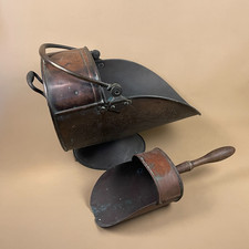 Antik Metall Kupfer Kohle Eimer Griff Kamin Schiffchen Helm Feuer Seite Schaufel