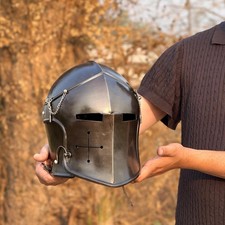 Schwarzer Barbuta Helm 18g Stahl Mittelalter Ritter Rüstung LARP Cosplay Visier