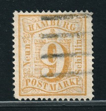 HAMBURG 18,  Wappen 9 Sch. gelb gezähnt, Marke echt, Stempel leider falsch