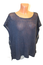 Bonita Pulli One Size Pullover kurzarm Poncho Überwurf blau Strick Lochmuster