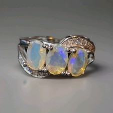 Atemberaubender natürlicher Feueropal mit 3 Steinen 925 Sterling Silber Ring Schmuck Größe 7 2130