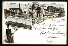 Lithographie Stassfurt, Kgl. Salzbergwerk u. Schacht Achenbach, Postamt, Rathau 