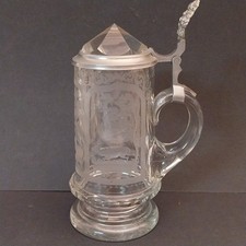 Antiker Glas Bierkrug mit Zinndeckel Jagddekor Hirsch und Rehe