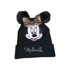 Strickmütze Gr. 104 H&M schwarz m. zwei Bommeln, Minnie Mouse Stickerei &...